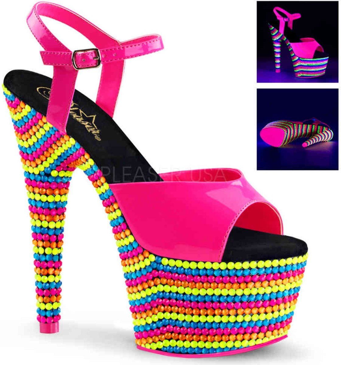 EU 37 = US 7 | ADORE-709RBS | *7 Heel, 2 3/4 PF Ankle Strap Sandal, Neon UV Reactive